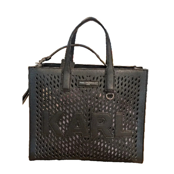 KARL LAGERFELD PARIS NOVEAU MEDIUM BLACK PERFORATED TOTE BAG - Picture 1 of 4